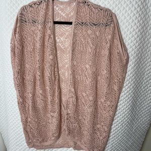 Chico’s Crochet vest duster. Dusty rose w/gold sparkly threads. Holidays! Size L